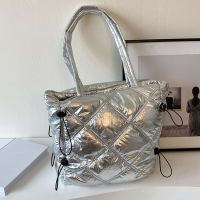 Geantă de umăr puf pentru femei, geantă de mână simplă, de culoare solidă, cu mâner de sus