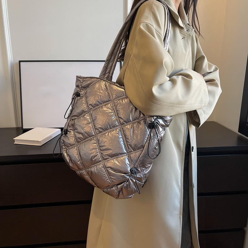 Geantă de umăr puf pentru femei, geantă de mână simplă, de culoare solidă, cu mâner de sus