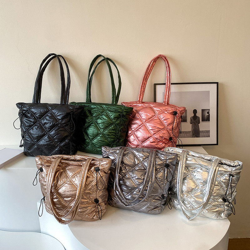 Geantă de umăr puf pentru femei, geantă de mână simplă, de culoare solidă, cu mâner de sus