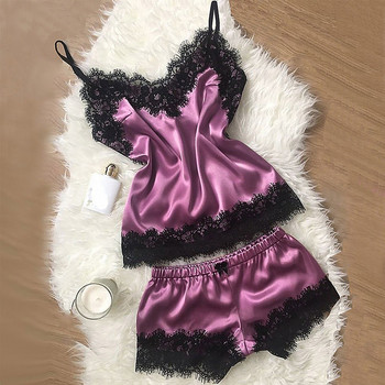 Γυναικείες Πυτζάμες Σέξι Σατέν Σετ Πυτζάμες Μαύρες Δαντελένιες Πυτζάμες Αμάνικο Cute Cami Top και σορτς Σέξι Εσώρουχα Homewear #W