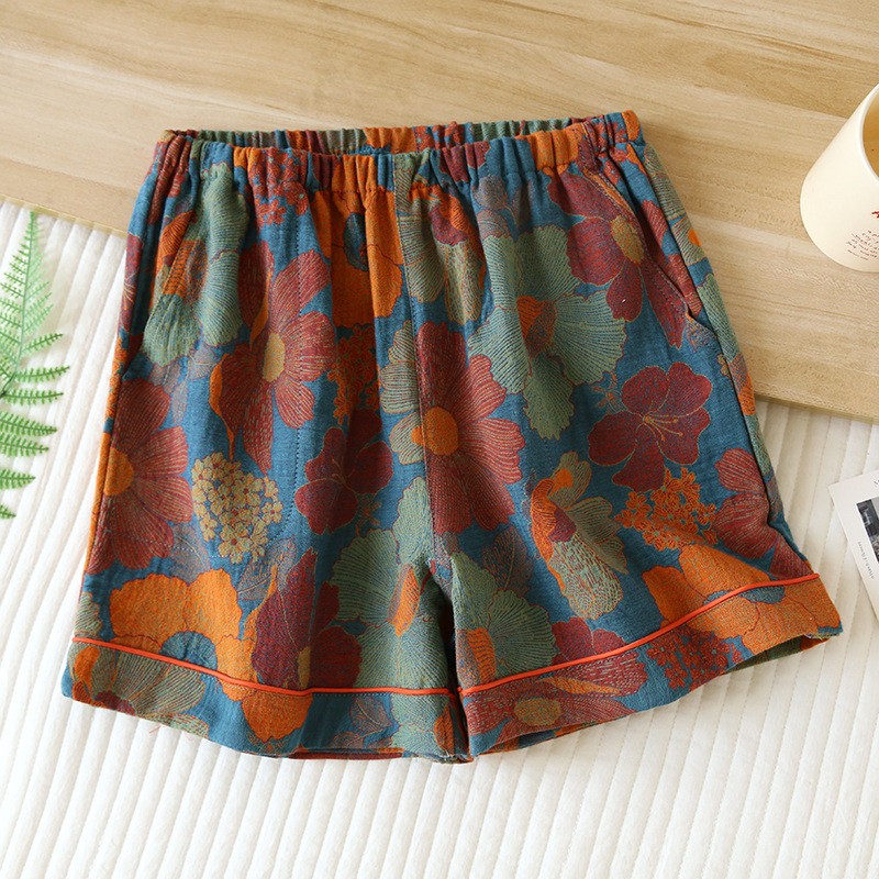 2023 Νέες καλοκαιρινές γυναικείες πιτζάμες 100% βαμβακερές σορτς ζακάρ βαμμένες με νήμα Γυναικείο φαρδύ παντελόνι για το σπίτι Λεπτό παντελόνι για σπίτι Πιτζάμες