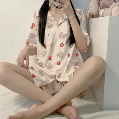 Корейска пижама за жени Летни комплекти спално облекло за момичета Сладка карирана пижама с ревер Kawaii Пижама с волани Японски домашен костюм