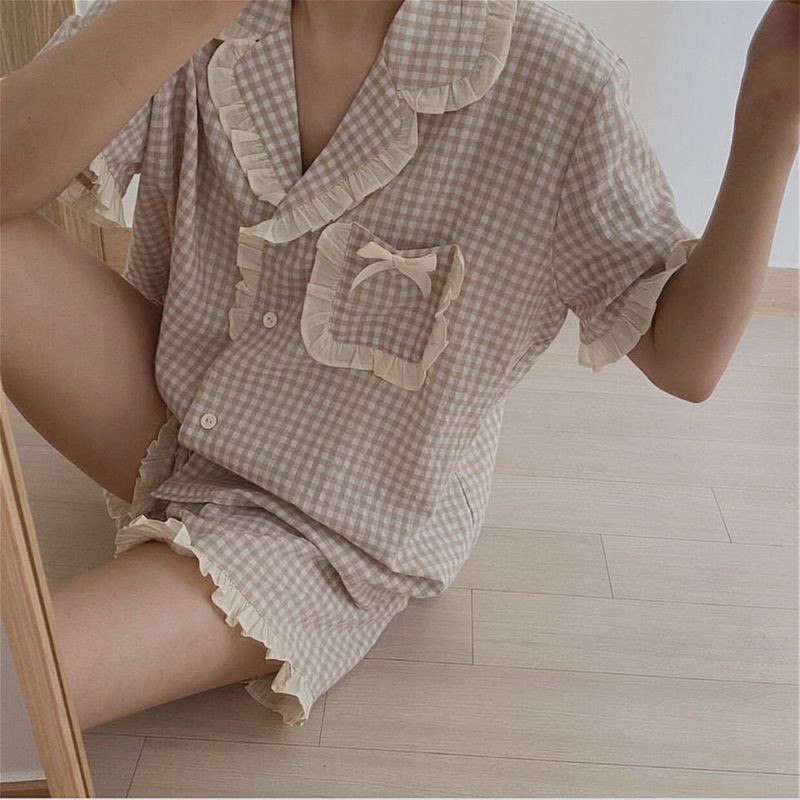 Kórejské pyžamo pre ženy, letné domáce oblečenie na spanie, súpravy pre dievčatá, sladké kockované klopové pyžamo, kawaii volánové pyžamo, japonský domáci oblek