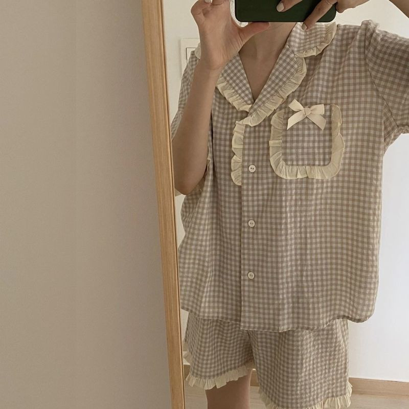 Kórejské pyžamo pre ženy, letné domáce oblečenie na spanie, súpravy pre dievčatá, sladké kockované klopové pyžamo, kawaii volánové pyžamo, japonský domáci oblek