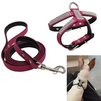 Rhinestone Pet Dog Harness Leash Set for Small Medium Dogs Cat Puppy Vest Велурен плат Регулируем Pet Dog Harness Leather