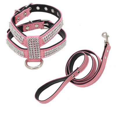 Σετ λουριών με λουρί για σκύλους στρας για μικρούς μεσαίους σκύλους Γιλέκο κουταβιού γάτας από ύφασμα ρυθμιζόμενο δερμάτινο λουρί Τσιουάουα