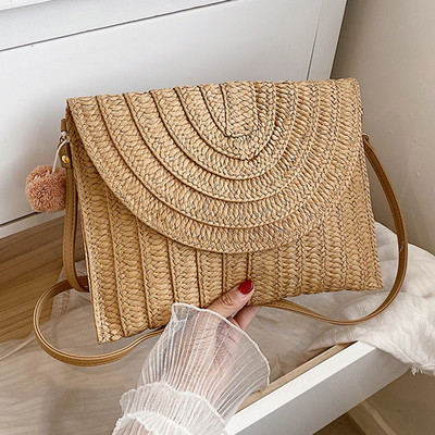 Letná plážová slamená kabelka, roztomilá loptička s príveskom, crossbody kabelka pre ženy, cestovné kabelky cez rameno, dámske ležérne prútené kabelky
