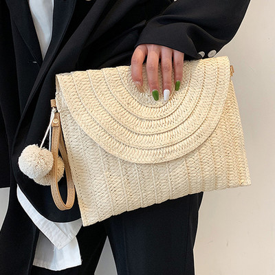 Letná plážová slamená kabelka, roztomilá loptička s príveskom, crossbody kabelka pre ženy, cestovné kabelky cez rameno, dámske ležérne prútené kabelky