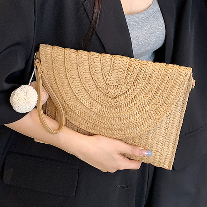 Letná plážová slamená kabelka, roztomilá loptička s príveskom, crossbody kabelka pre ženy, cestovné kabelky cez rameno, dámske ležérne prútené kabelky
