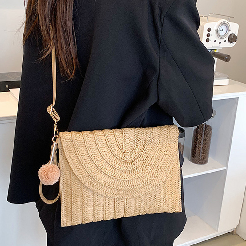 Letná plážová slamená kabelka, roztomilá loptička s príveskom, crossbody kabelka pre ženy, cestovné kabelky cez rameno, dámske ležérne prútené kabelky