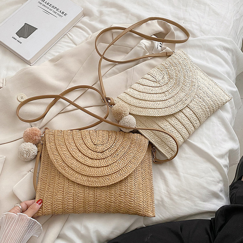 Letná plážová slamená kabelka, roztomilá loptička s príveskom, crossbody kabelka pre ženy, cestovné kabelky cez rameno, dámske ležérne prútené kabelky
