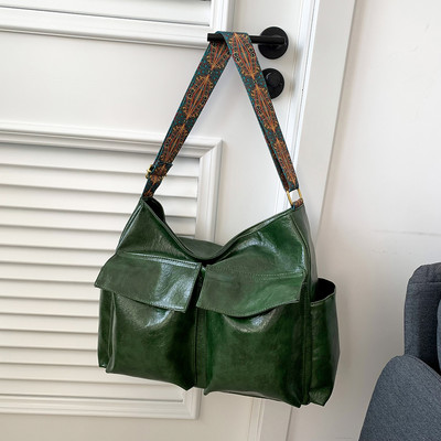 Vintage μονόχρωμο δερμάτινο γυναικείο τσαντάκι ώμου Απλή τσάντα με φαρδύ λουράκι ρετρό τσάντα χιαστί μαξιλαριού