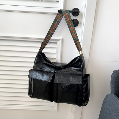 Vintage μονόχρωμο δερμάτινο γυναικείο τσαντάκι ώμου Απλή τσάντα με φαρδύ λουράκι ρετρό τσάντα χιαστί μαξιλαριού