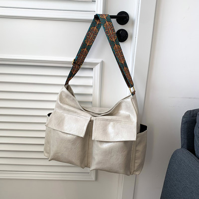 Vintage μονόχρωμο δερμάτινο γυναικείο τσαντάκι ώμου Απλή τσάντα με φαρδύ λουράκι ρετρό τσάντα χιαστί μαξιλαριού