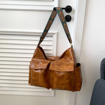 Vintage μονόχρωμο δερμάτινο γυναικείο τσαντάκι ώμου Απλή τσάντα με φαρδύ λουράκι ρετρό τσάντα χιαστί μαξιλαριού