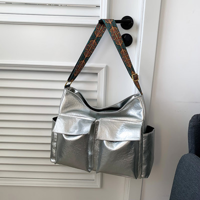 Vintage μονόχρωμο δερμάτινο γυναικείο τσαντάκι ώμου Απλή τσάντα με φαρδύ λουράκι ρετρό τσάντα χιαστί μαξιλαριού