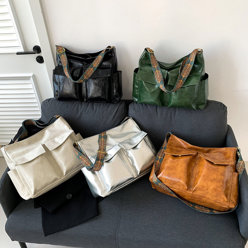 Vintage μονόχρωμο δερμάτινο γυναικείο τσαντάκι ώμου Απλή τσάντα με φαρδύ λουράκι ρετρό τσάντα χιαστί μαξιλαριού