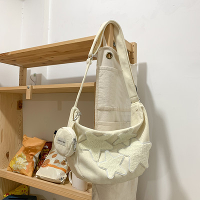 Dámska polmesiacová kabelka s vreckom na mince, manšestrová crossbody kabelka, ľahká a všestranná tote kabelka s popruhom, nastaviteľným volne stojacim náhrdelníkom