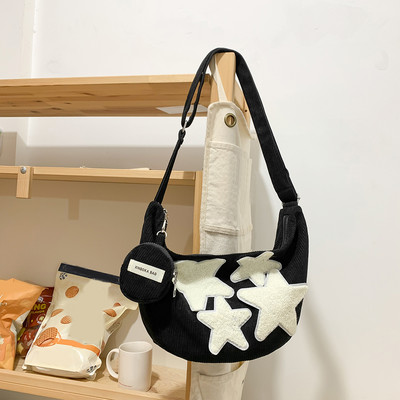 Dámska polmesiacová kabelka s vreckom na mince, manšestrová crossbody kabelka, ľahká a všestranná tote kabelka s popruhom, nastaviteľným volne stojacim náhrdelníkom
