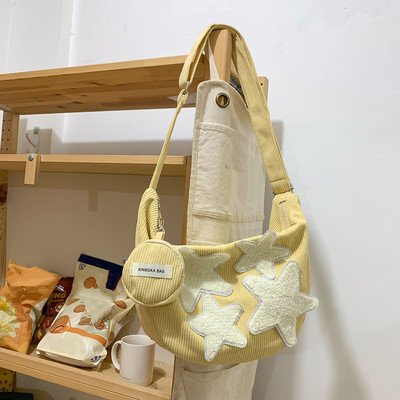 Dámska polmesiacová kabelka s vreckom na mince, manšestrová crossbody kabelka, ľahká a všestranná tote kabelka s popruhom, nastaviteľným volne stojacim náhrdelníkom