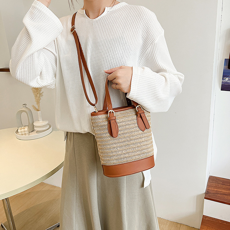 Καλοκαιρινή υφασμένη τσάντα ώμου Γυναικεία τσάντα με κουβά παραλίας Γυναικεία ψάθινα πλεκτή χειροποίητη τσάντα τσάντα μεγάλης χωρητικότητας Τσάντες ταξιδιού
