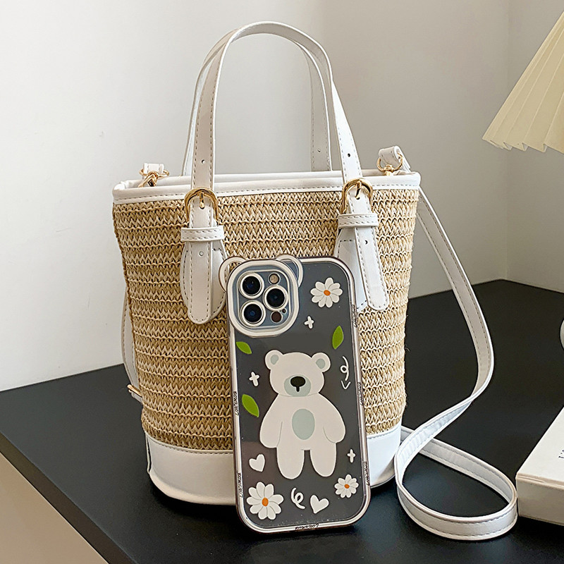 Καλοκαιρινή υφασμένη τσάντα ώμου Γυναικεία τσάντα με κουβά παραλίας Γυναικεία ψάθινα πλεκτή χειροποίητη τσάντα τσάντα μεγάλης χωρητικότητας Τσάντες ταξιδιού