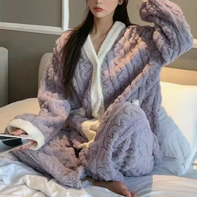 Îmbrăcăminte de noapte cu imprimeu căpșuni Set de pijamale pentru femei, catifea polară, 2 piese, costum acasă, somn pufos, coreeană, haine calde de noapte