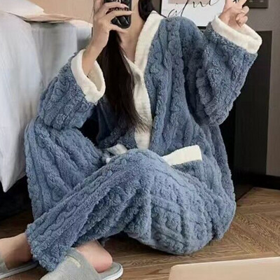 Îmbrăcăminte de noapte cu imprimeu căpșuni Set de pijamale pentru femei, catifea polară, 2 piese, costum acasă, somn pufos, coreeană, haine calde de noapte