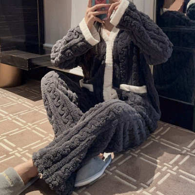 Îmbrăcăminte de noapte cu imprimeu căpșuni Set de pijamale pentru femei, catifea polară, 2 piese, costum acasă, somn pufos, coreeană, haine calde de noapte