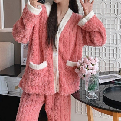 Îmbrăcăminte de noapte cu imprimeu căpșuni Set de pijamale pentru femei, catifea polară, 2 piese, costum acasă, somn pufos, coreeană, haine calde de noapte