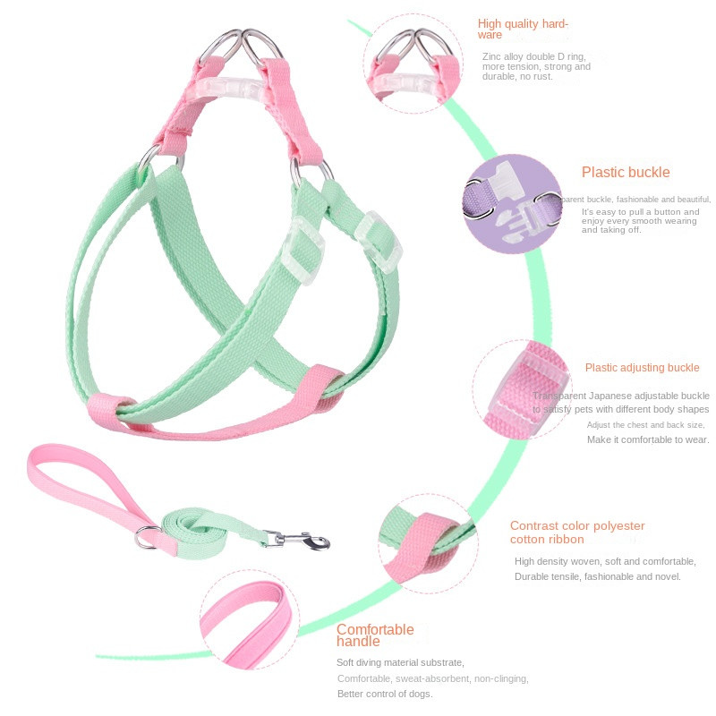 Kontrastni povodac za pse, Macaron Color-block remen za prsa za mačke Probijač otporan na eksploziju, povodac za male i srednje pse, pribor za kućne ljubimce
