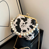 Γυναικεία PU βραδινή τσάντα συμπλέκτη Leopard Cow στάμπα με χνουδωτό μαργαριταρένιο τσαντάκι με χιαστί ώμου Clutch μόδας γυναικεία τσάντα Μικρά πορτοφόλια
