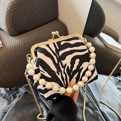 Γυναικεία PU βραδινή τσάντα συμπλέκτη Leopard Cow στάμπα με χνουδωτό μαργαριταρένιο τσαντάκι με χιαστί ώμου Clutch μόδας γυναικεία τσάντα Μικρά πορτοφόλια