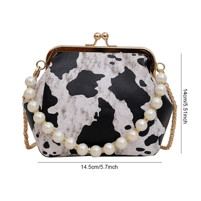 Γυναικεία PU βραδινή τσάντα συμπλέκτη Leopard Cow στάμπα με χνουδωτό μαργαριταρένιο τσαντάκι με χιαστί ώμου Clutch μόδας γυναικεία τσάντα Μικρά πορτοφόλια