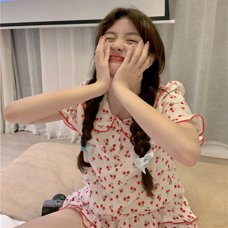 100% bavlnené letné pyžamo, kórejské pyžamo pre ženy 2023, pyžamo s čerešňovou potlačou, dámska súprava, 2-dielne roztomilé domáce oblečenie
