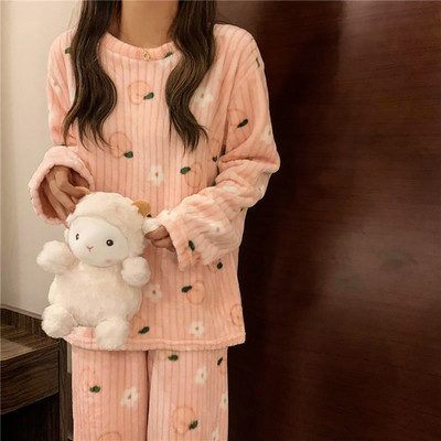 Σετ γυναικείες πιτζάμες φανέλα Νέα φθινόπωρο 2022 Χειμώνας Ζεστό χοντρό κοραλί βελούδο μακρυμάνικο καρτούν Πυτζάμες για σπίτι Σετ πιτζάμες για κορίτσι