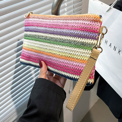 Πολύχρωμη υφαντή ψάθινη τσάντα Γυναικεία τσάντα με συμπλέκτη, καλοκαιρινή τσάντα παραλίας Vintage χειροποίητη τσάντα κινητού Γυναικείο πορτοφόλι