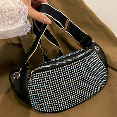 Geantă cu centură cu strasuri pentru femei, genți messenger, la modă pentru femei, pachet pentru talie cu șnur, ocazional, simplu, plin de rochie