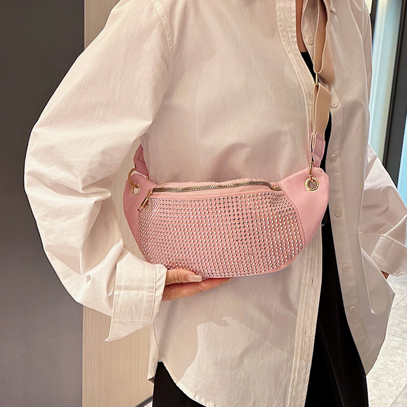 Geantă cu centură cu strasuri pentru femei, genți messenger, la modă pentru femei, pachet pentru talie cu șnur, ocazional, simplu, plin de rochie