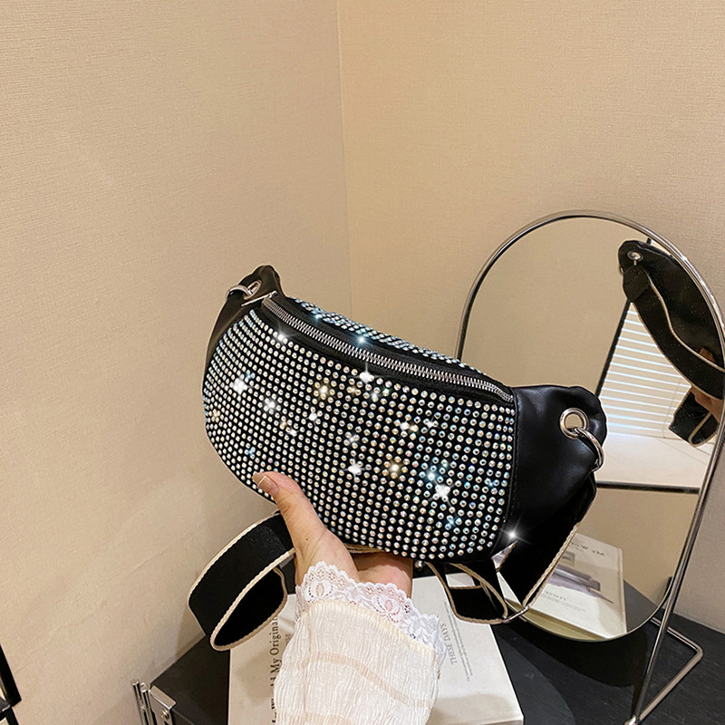 Geantă cu centură cu strasuri pentru femei, genți messenger, la modă pentru femei, pachet pentru talie cu șnur, ocazional, simplu, plin de rochie