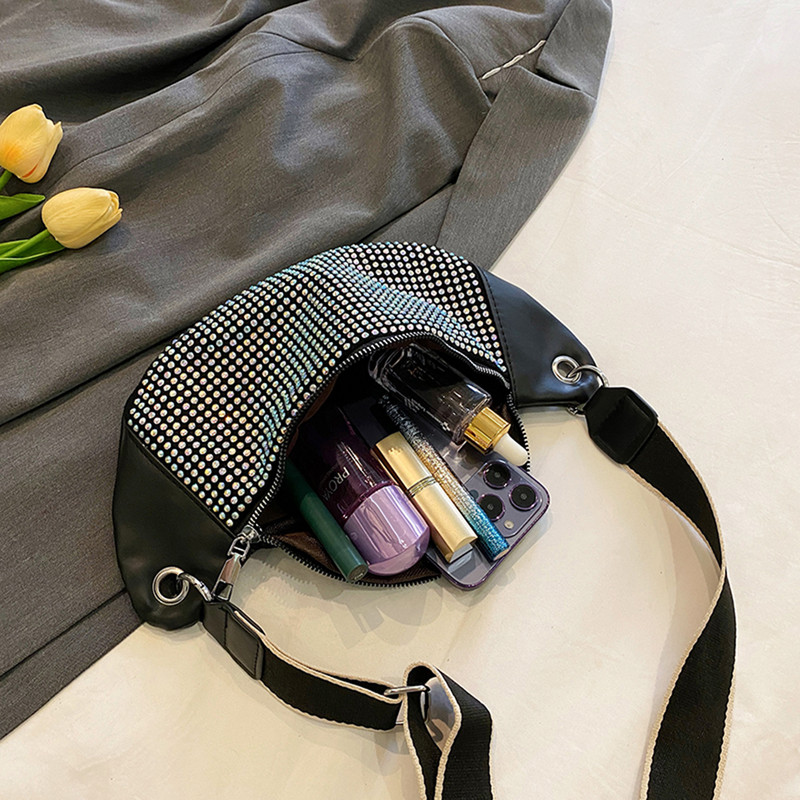 Geantă cu centură cu strasuri pentru femei, genți messenger, la modă pentru femei, pachet pentru talie cu șnur, ocazional, simplu, plin de rochie