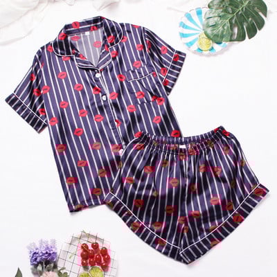 Naiste triibulised trükitud siidist satiinist pidžaamad, suvised ööriided, pükste ülikonnad, satiinist komplekt, naine, 2 tükki, lühikeste varrukatega unetopid öö