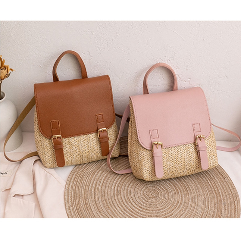 Bohemian Beach Backpack Chic Ψάθινο υφαντό σακίδιο πλάτης Γυναικείο casual Holiday Daypack