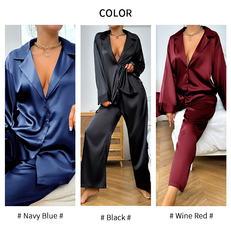 Îmbrăcăminte de acasă pentru femei Lenjerie de dormit din mătase din satin Pijamale sexy cu croiala jos pentru femei Set de pantaloni cu mâneci lungi cu un singur piept.
