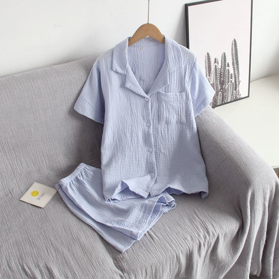 Καλοκαίρι 2023 New Ladeis Sweet Candy Color Gauze Βαμβακερή μονόχρωμη Σετ πιτζάμες κοντό μανίκι+παντελόνι Γυναικεία χαριτωμένα ρούχα καθημερινής χρήσης