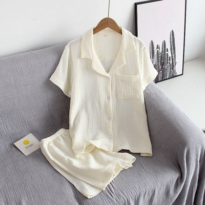 Καλοκαίρι 2023 New Ladeis Sweet Candy Color Gauze Βαμβακερή μονόχρωμη Σετ πιτζάμες κοντό μανίκι+παντελόνι Γυναικεία χαριτωμένα ρούχα καθημερινής χρήσης