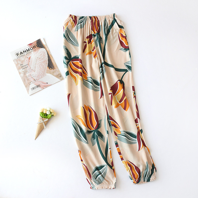 Fdfklak Ženske pamučne salonske hlače Dugi donji dio pidžame Ljetni print Pidžame Hlače Ženske donje hlače za spavanje
