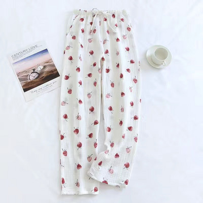 2023 Νέο 100% βαμβακερή γάζα Πυζά Γυναικεία βαμβακερά μακριά παντελόνια πιτζάμες Γυναικεία σαλονάκια Strawberry print Φθινοπωρινά φαρδιά παντελόνια