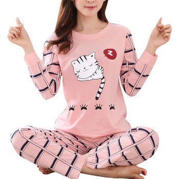 Зимен комплект пижама със сладък анимационен принт на котка Дамски комплект пижами от две части с дълъг ръкав Бельо Комплекти пижами за момичета