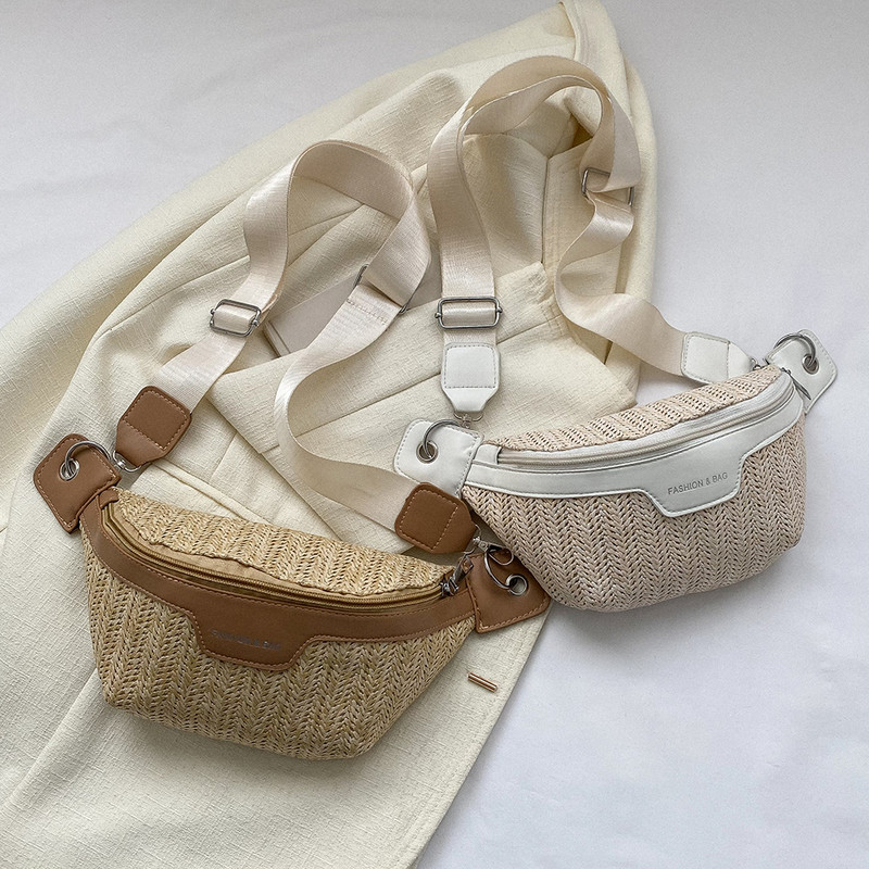 Geantă de piept din piele țesătă cu paie, de vară, pentru călătorie, pentru plajă, geantă de talie, geantă de telefon, geantă de umăr, geantă de umăr pentru femei, pachet